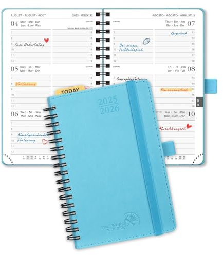 POPRUN Taschenkalender 2025 2026 Klein (Aug.2025-Dez.2026) Ringbuch mit Softcover, ca. A6 (16 x 10,5 cm), terminplaner 2025 2026 Klein 1 Woche 2 Seite mit Plastiklineal - Blaugrün