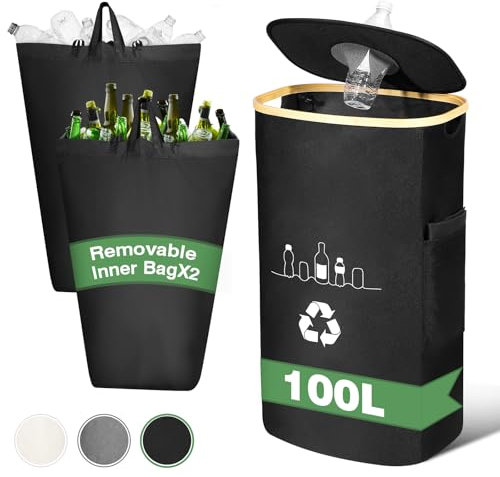 100L Recycling Bins for Kitchen Home, Deposit Bottle Collector Bins with Lid and 2 Reusable Inner Bags, Indoor Recyclable Waste Trash Sorting Organizer for Collecting Empties and Glass Waste(Black)