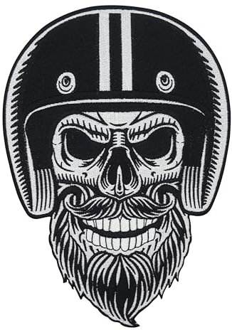 Finally Home Großer Bärtiger Biker Totenkopf Rückenpatch zum Aufbügeln | Motorrad Kutten Patches, Totenschädel Bügelpatch, Rückenaufnäher, Große Aufnäher für Männer