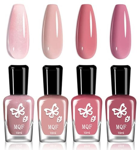 DMQ Nail Polish Set, 4Pcs Nude Pink Shimmer Nail Varnish Kit, Nude Pink Purple Quick Drying Nail Paint Gel for for DIY Manicure at Home - Valentines Gift for Women Girls - No Need UV/LED Lamp