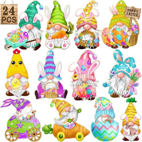 24 Stück Osterdeko zum Aufhängen, Oster-Holzzwerg hängende Ornamente für Ostern Deko Frühlingsbaum Dekoration Zwerge Häschen Puppe Handwerk, Osteranhänger Holz, Frühlingsdeko Anhänger