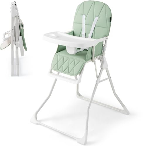 Maxmass Foldable Baby Highchair, Infant Dining Chair with 3-Position Adjustable Tray & Footrest, Removable Seat Cushion, 5-Point Safety Harness, Portable High Chair for Babies and Toddlers (Green)