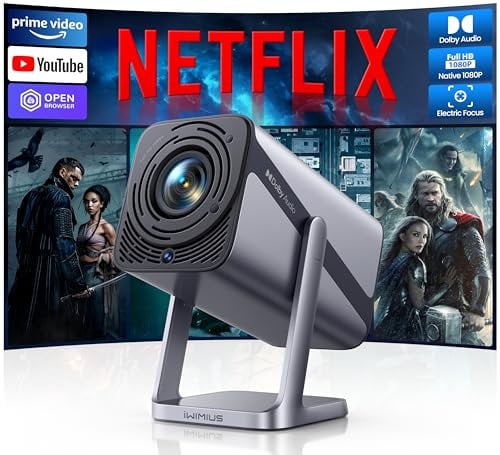 【Netflix Officially & Dolby Audio】Projector, 26000 Lumen Smart FHD 1080P Portable Projector 4K Support, WiFi6 Bluetooth 50% Zoom 360° Rotatable Short Throw Projectors for Bedroom, Outdoor, Kid Gifts