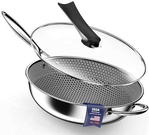 Kiseely Padella Wok, Wok ibrido per friggere da 34cm con coperchio, Wok antiaderente con manico Stay-Cool, compatibile con tutti i piani cottura compresi quelli a induzione (AQ1)