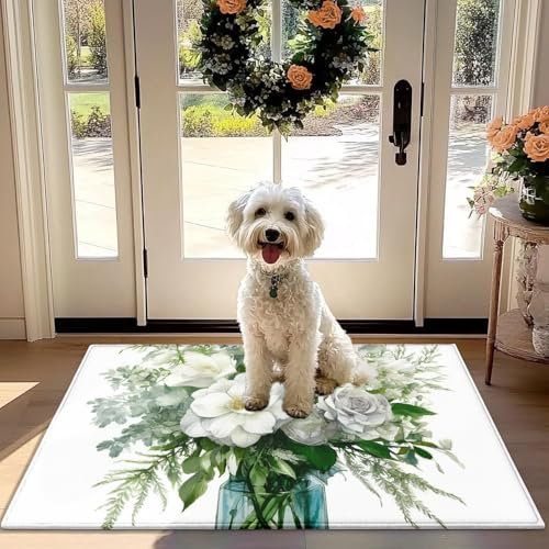 Floral Non-Slip Absorbent Door Mat for Front Door, Hallway, Kitchen - Blue Vase Design