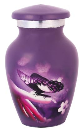 Bless International Hand-Engraved Small Decorative Brass Urn with Lid – 3 Mini Keepsake Urn for Human Ashes, Memorials – Petite Remembrance Vase with Velvet Storage Case & Funnel (Purple Butterfly)