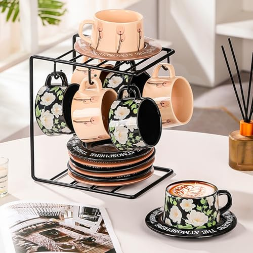 Set di 6 tazze da caffè Demitasse in ceramica con piattini e supporto, impilabili, per tè, latte, caffè, moka, forno a microonde e lavabili in lavastoviglie