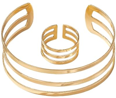 Generisch Goldschmuck Set Für Damen | Schmuckset Für Damen | Modischer Zarter Stapelbarer Ästhetischer Ring Und Armband Mit Dreischichtiger Hohlkufe Für Besondere Anlässe Und Zum Täglichen Tragen