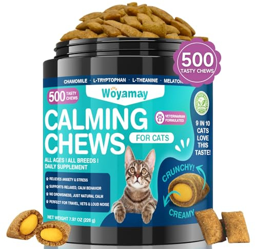 Woyamay Cat Calming Treats for Stress Support, 500 Chews, Chicken Flavour | Chamomile, L-Tryptophan, L-Theanine & Melatonin; Crunchy Shell and Cheese Centre for Travel, Vet Visits, Loud Noises.