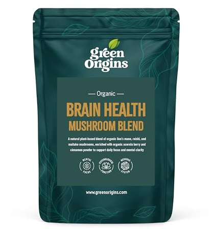 Green Origins Organic Brain Health Mushroom Superfood Blend to Support Focus & Mental Clarity, Natural Vitamin C & D, Lion’s Mane, Reishi, Maitake, 10 Servings, 100g