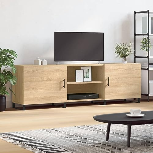 QJBSAVVA TV Schrank Sonoma-Eiche 150x30x50 cm aus Holzwerkstoff mit Eisenbeinen, robuster TV Unterschrank mit 4 Fächern und praktischer Tür, modernes Lowboard für Wohnzimmer