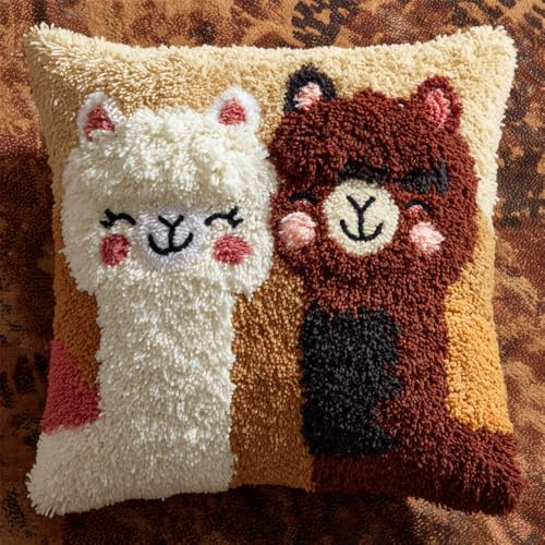 Henypt Knüpfteppich Zum Selber Knüpf-Sets Mit Kissen Knüpfen-Set Alpaka 43X43Cm Kissenbezug-Set Für Erwachsene Und Kinder Latch Hook Kit Heimaccessoire（Bausätze Weihnachten）