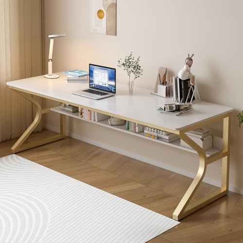 OSCHF 180 x 60 cm extra Langer Schreibtisch mit Ablagefach, Gold | Doppelter Langer, 2-Personen-Arbeitsplatz, PC Tisch, einfache Montage, für Homeoffice, Familienecke & Schlafzimmer
