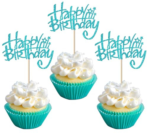 Xsstarmi 24 Stück Kuchendeko Geburtstag Happy Birthday Tortendeko Blau Happy Birthday Cupcake Toppers Junge Alles Gute zum Geburtstag Deko für Frau Mann Geburtstagparty Dekoration