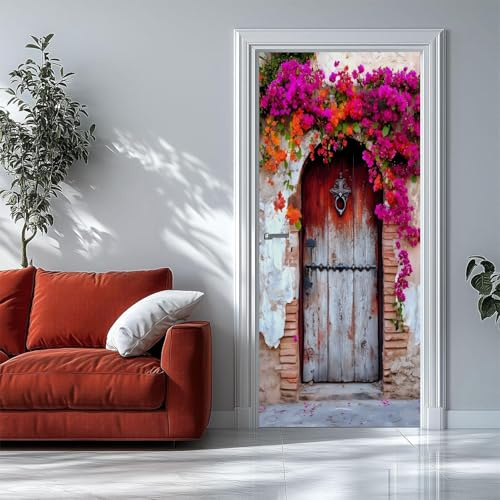 Selbstklebender Türaufkleber 80x200 cm – 3D Türtapete Retro-Holztür Blumen – Seide Türposter für Wohnzimmer Schlafzimmer Kinderzimmer Tür Dekoration