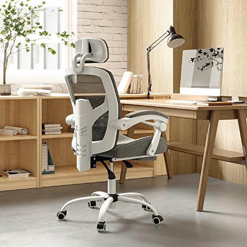 DUMOS Home Office Desk Chair with Footrest, High-Back Mesh Rolling Swivel Reclining Chairs with Wheels, Comfortable Headrest, Lumbar Support, Comfy Arms for Home, Office, Gaming, Student,Elegant Grey
