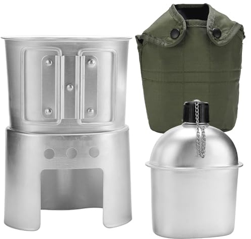 Feldflaschen-Set, 850 ml Aluminium-Metall-Feldflasche mit Becher und Herd, komplettes Armee-Feldflaschen-Set für Camping, Wandern und Outdoor-Abenteuer. Becher aus Edelstahl