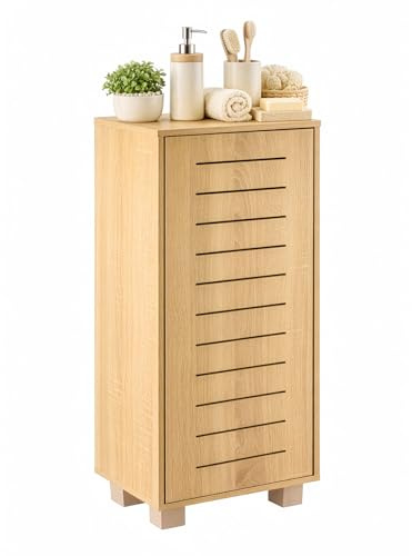 SUNNYNEST Bathroom Storage Cabinet Floor Standing, Handleless Slim Bathroom Cabinet Storage Cupboard with 3-Tier Shelves, Rustic Oak Storage Cabinet Unit for Bathroom, Kitchen, Hallway