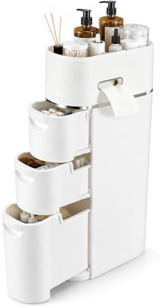 Slim Bathroom Storage Cabinet 4 Tier, Narrow Floor Standing Storage Unit with 3 Drawers & Toilet Paper Holder, Freestanding Bathroom Cabinet Organiser Waterproof Space Saving for Toilet Laundry White