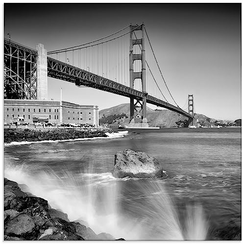 ARTland Wanddeko Glasbilder Wandbild Glas Bild einteilig 50x50 cm Quadratisch Amerika San Francisco Foto Schwarz Weiß Architektur Brücke Golden Gate Bridge Brandung S7WC