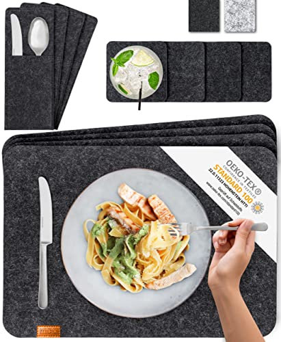 MIQIO Tischset aus Filz - 12er Tisch Untersetzer-Set - Filz Tischset abwaschbar - 4 Platzsets, Glasuntersetzer, Bestecktaschen | dunkelgrau | Filzuntersetzer eckig - Platzdeckchen für Weihnachten