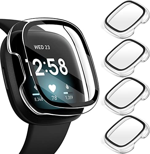 ivoler [4 Pack] Compatible with Fitbit Versa 3/Sense Screen Protector, Hard PC Tempered Glass Case Bumper Cover Compatible for Fitbit Sense/Versa 3 Smartwatch Bands Accessories