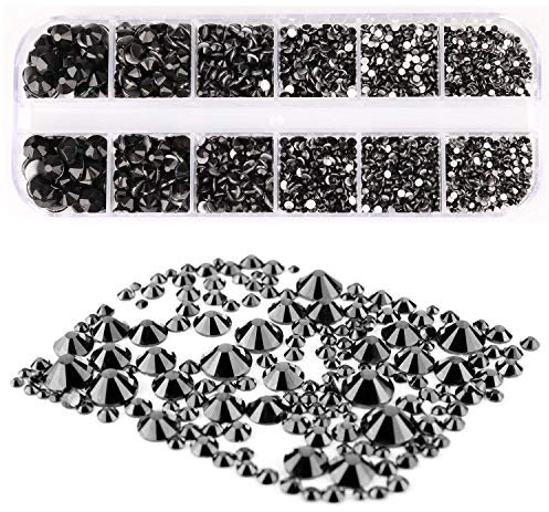 Mwoot 2000+ PCS Rhinestones, 6 Sizes (2-5 mm) Crystals with Tweezers and Picking Pen for DIY Crafts Nail Face Art Clothes (Black)