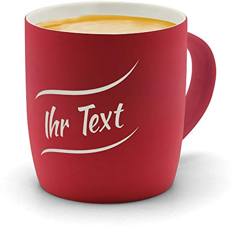 printplanet® - Kaffeebecher mit eigenem Text graviert - SoftTouch Tasse mit Wunschtext - Matt-gummierte Oberfläche - Farbe Rot - Motiv: Textwelle 1. Zeilig