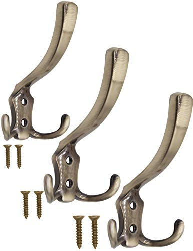 FUXXER® - Lot de 3 crochets porte-manteau, chapeau, crochet en fer, crochet en métal, porte-serviette, style classique en laiton vieilli, pour garde-robe, planche murale, 120 x 75 mm