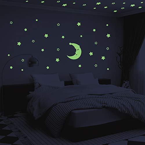 300 Pcs Leuchtender Aufkleber Fluoreszierende Sterne und großer Mond Fluoreszierende Wandaufkleber Leuchtaufkleber für Kinderzimmer DIY Raumdekoration sternenhimmel für junge/Mädchen