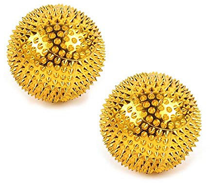 CHI-ENTERPRISE - zwei magnetische Massagebälle - klein | Faszienbälle zur selbsttherapeutischen Akupressur Behandlung | Inhalt: 2 Igelbälle in gold, je 47 mm Durchmesser & 228 Akupressurnadeln