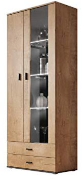 Standvitrine 2D2S Soho S6, Vitrine, Glasvitrine, Farbauswahl, Vitrinenschrank, Hochschrank, Stauraumvitrine, Wohnzimmer Highboard Schrank (Eiche Lefkas / Eiche Lefkas + Schwarz, ohne Beleuchtung)