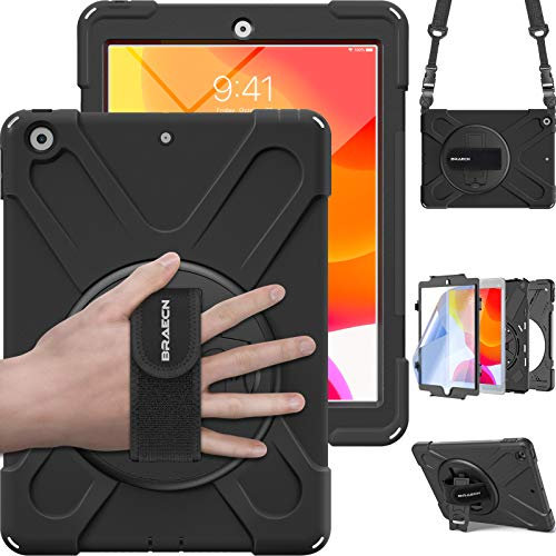 BRAECN for iPad 9th/8th/7th Generation Case 10.2 inch, Heavy Duty Rugged Protective Cover with Built Screen Protector/Hand Strap/Kickstand/Shoulder Strap for iPad 10.2 2021/2020/2019, Black