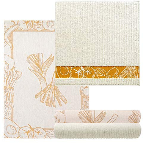 Lashuma 4X Geschirrtücher braun orange, Design: Gemüse, 2X Küchentuch 50x70-2X Frotteetuch 50x50