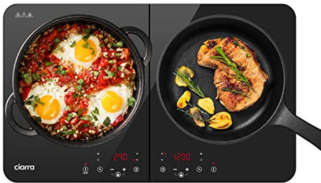 CIARRA Portable Induction Hob 2800W Double Cooking Zones with Touch Control Ceramic Glass Panel 9 Power Levels Timer Child and Safety CUTIH2