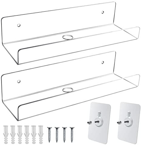 Mocoosy 2 Pack Klar Acryl Wand Schwebe Regale, 10'' Verbessert Unsichtbar Bild Leiste Regal Klein Schwimmend Bücherregal für Kinder,Transparent Wandmontiert Display Regale für Badezimmer Büro Zuhause