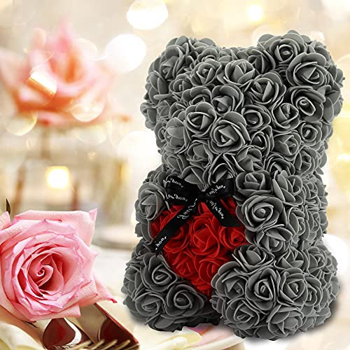 Gifts for Women,Birthday Gifts ,Rose Flower Bear-Hand Made Rose Teddy Bear,Best Artificial Decoration Gifts for mom, Gifts for Girls,Unique Gifts,The Perfect Party Clear Gift Box (Gray)