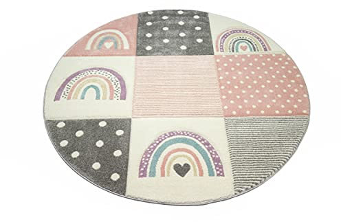 CARPETIA Kinderteppich Kinderzimmer Spiel Teppich Herzchen Regenbogen Punkte Design Creme rosa grau Größe 120 cm Rund