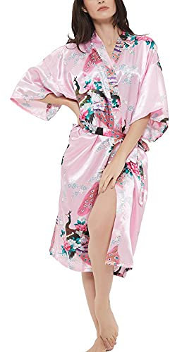 Women's Satin Rose Print Kimono Robe Premium Peacock Bridesmaid Bridal Dressing Gown Sleepwear Nightwear