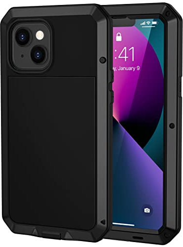 Focusor für iPhone 13 Mini (5.4) Hülle, 360 Grad Outdoor Schutzhülle Stoßfest Tough Armor Metall Ganzkörper Panzerhülle Staubdicht Heavy Duty Case mit Eingebautem Displayschutz, Schwarz