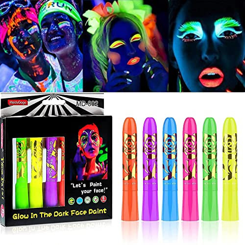 Beauty Searcher 6 Stück leuchtende Gesichtsmalstifte, UV-fluoreszierende, waschbare, ungiftige Neon-Gesichts- und Körpermalstifte für Karneval-Maskerade Party Make-up