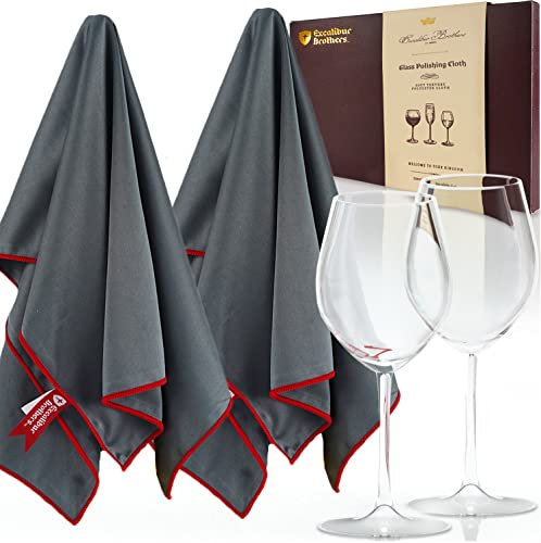 Excalibur Brothers Premium Glass Polishing Cloth 23.5 x 20 (2 Pack) - Streak and Lint Free Wine Cloths, Large Polishing Cloth for Glassware, Wineglass Cleaner Best Gifts for Men (Gray)