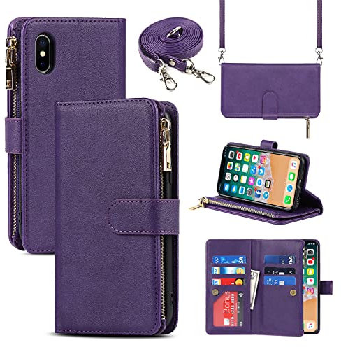 Cavor Crossbody iPhone X/XS Case With Card Holder With Strap,Flip Leather Wallet Case,[9 Card Holder] Zipper Detachable Lanyard Phone Case Cover for Women for iPhone X/XS - Purple