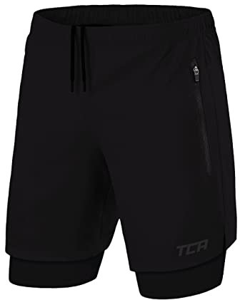 TCA Ultra Laufhose Herren 2 in 1 Kurze Sporthose Trainingsshorts Laufshorts mit integrierter Kompressionshose und Reißverschlussfach - Schwarz (2X reißverschlusstasche), M