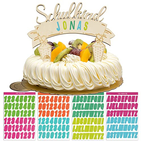 Cake Topper Schulkind Holz DIY Tortendeko Einschulung Schulanfang Torten Topper mit 4 Blätter Buchstaben Zahlen Sticker Kuchendeko Schuleinführung Party Deko Geschenk für Junge Mädchen Kinder