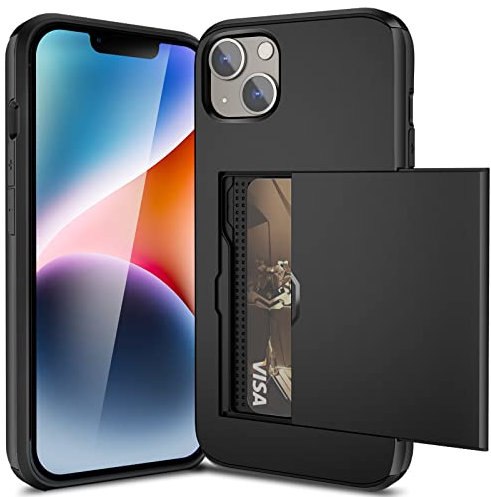 ACOCOBUY for iPhone 14 Plus Case with Card Holder Sliding Cover Hidden Pocket IDs Credit Cards Slot Heavy Duty Shockproof Protective Dual Layer Wallet Phone Cover Back Shell for Men Women 6.7 Black