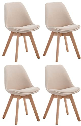 CLP 4er Set Retrostühle Borneo V2 Mit Stoffbezug Und Hochwertiger Polsterung I Lehnstühle Mit Holzgestell, Farbe:Creme, Gestell Farbe:Natur