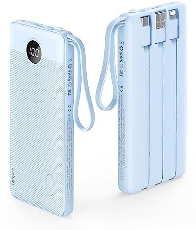 VRURC 10000mAh Power Bank With Built in Cables,USB C Battery Pack Portable Charger with 5 Outputs 2 Inputs Powerbank LED Display compatible with iPhone 14 13 12 Samsung S21 S20 Xiaomi iPad