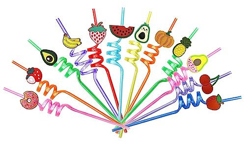 YSTrillion Bouclés Pailles,12 Pièces Pailles Fruits Pailles en Plastique Réutilisables pour Cocktails,Pailles de Fête pour Le Lait,Jus,Cocktails,Bars,Fête de Famille