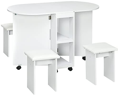 HOMCOM Set da cucina 5 Pezzi, Tavolo pieghevole con 2 ripiani e 4 Sgabelli in Legno truciolato, Bianco